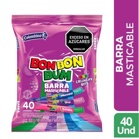 BON BON BUM EN BARRA MASTICABLE SURTIDA CRUNCHY BITS X 40 UND CJ X 18 UND