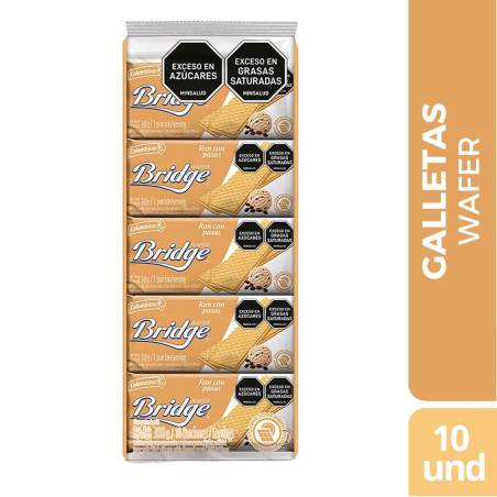 GALLETAS WAFER BRIDGE INDIVIDUAL RON CON PASAS X 300 GR X 10 UND CJ X 24 UND