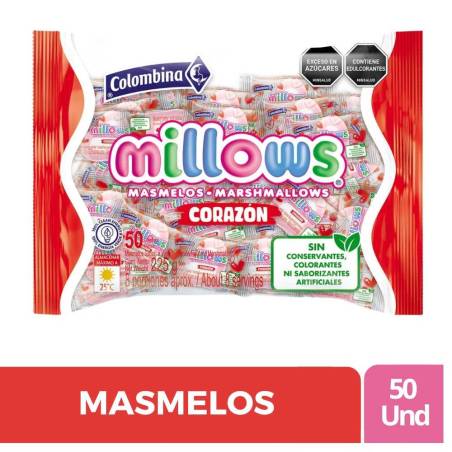 MASMELOS MILLOWS CORAZÓN INDIVIDUAL X 50 UND CJ X 8 UND