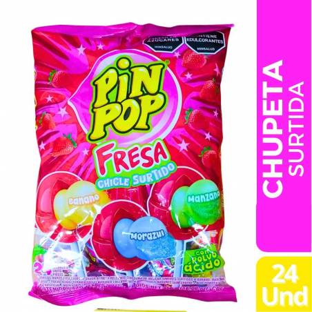 CHUPETA PIN POP FRESA CHICLE SURTIDO X 24 UND CJ X 16 UND